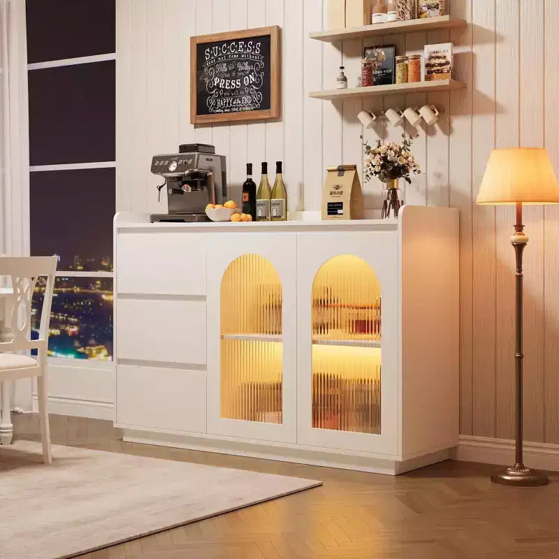 48 Buffet, Modern Storage Cabinet with 3 Drawers, Illuminated Sideboard with Glass Doors, Kitchen, Dining Room Coffee Bar, White