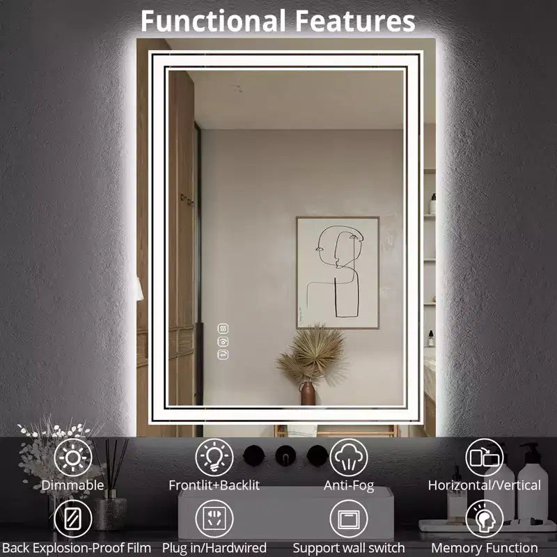Bathroom Mirror , Anti-Fog Vanity Mirror with Dimmable Lights