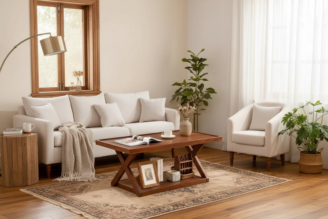 Bekrvio 40 Solid Oak Coffee Table,2-Tier Modern Farmhouse Rectangle Center Table with Storage Shelf & X-Shaped Legs, Walnut Finish