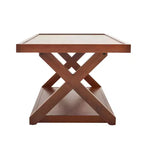 40IN Solid Oak Coffee Table, 2-Tier Modern Farmhouse Rectangle Center Table with Storage Shelf & X-Shaped Legs, Walnut Finish