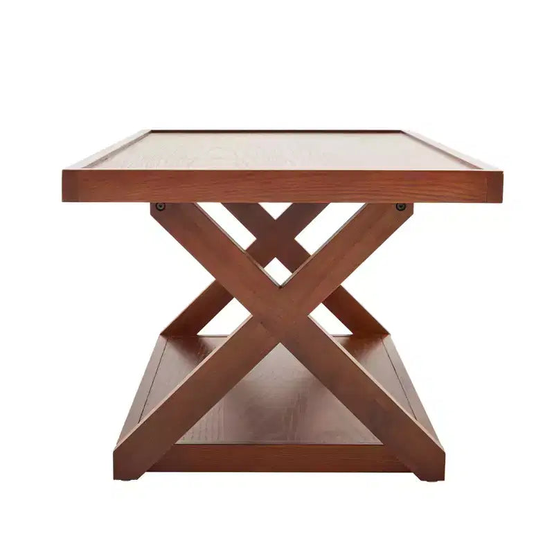 40IN Solid Oak Coffee Table, 2-Tier Modern Farmhouse Rectangle Center Table with Storage Shelf & X-Shaped Legs, Walnut Finish