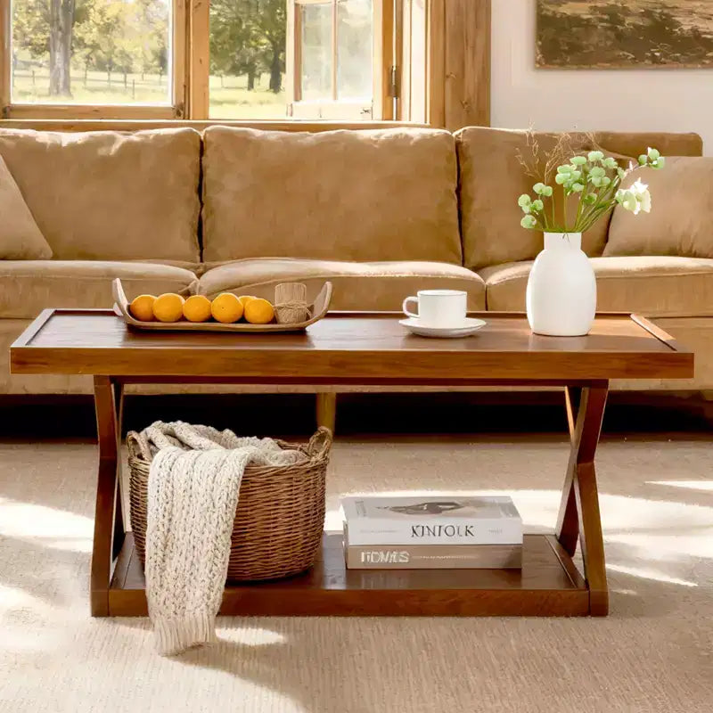 40IN Solid Oak Coffee Table, 2-Tier Modern Farmhouse Rectangle Center Table with Storage Shelf & X-Shaped Legs, Walnut Finish