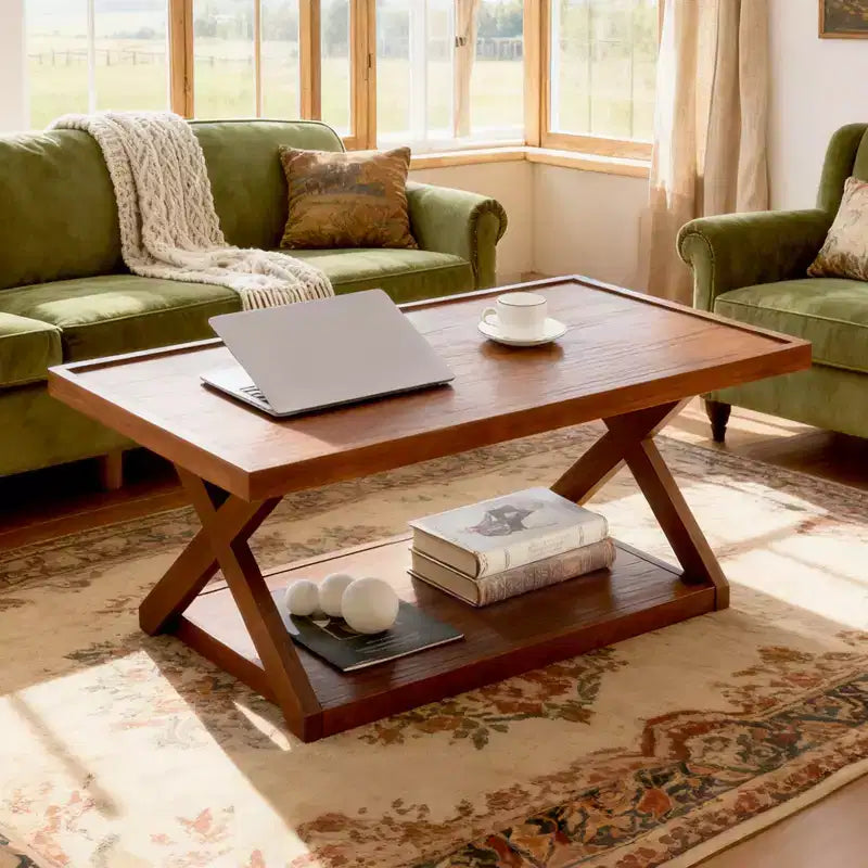 40IN Solid Oak Coffee Table, 2-Tier Modern Farmhouse Rectangle Center Table with Storage Shelf & X-Shaped Legs, Walnut Finish