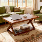 40IN Solid Oak Coffee Table, 2-Tier Modern Farmhouse Rectangle Center Table with Storage Shelf & X-Shaped Legs, Walnut Finish