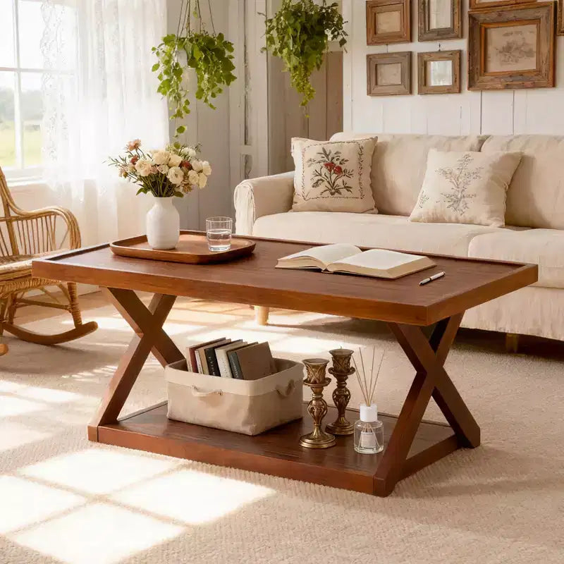 40IN Solid Oak Coffee Table, 2-Tier Modern Farmhouse Rectangle Center Table with Storage Shelf & X-Shaped Legs, Walnut Finish