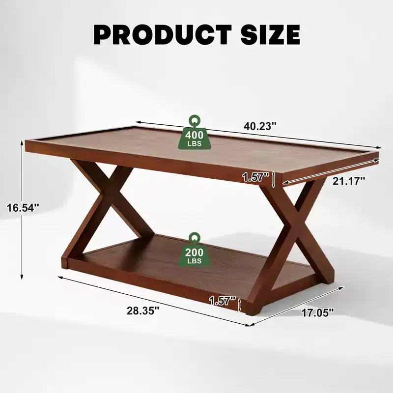 40IN Solid Oak Coffee Table, 2-Tier Modern Farmhouse Rectangle Center Table with Storage Shelf & X-Shaped Legs, Walnut Finish