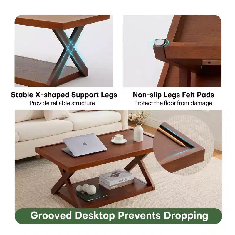 40IN Solid Oak Coffee Table, 2-Tier Modern Farmhouse Rectangle Center Table with Storage Shelf & X-Shaped Legs, Walnut Finish