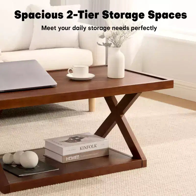 40IN Solid Oak Coffee Table, 2-Tier Modern Farmhouse Rectangle Center Table with Storage Shelf & X-Shaped Legs, Walnut Finish