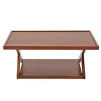 40IN Solid Oak Coffee Table, 2-Tier Modern Farmhouse Rectangle Center Table with Storage Shelf & X-Shaped Legs, Walnut Finish