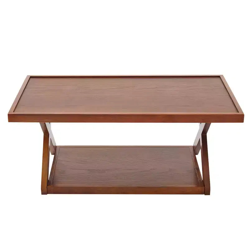 40IN Solid Oak Coffee Table, 2-Tier Modern Farmhouse Rectangle Center Table with Storage Shelf & X-Shaped Legs, Walnut Finish