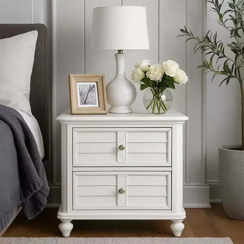 Nightstand, 2 Drawers, Classic Antique White Solid Wood, 28 Inch