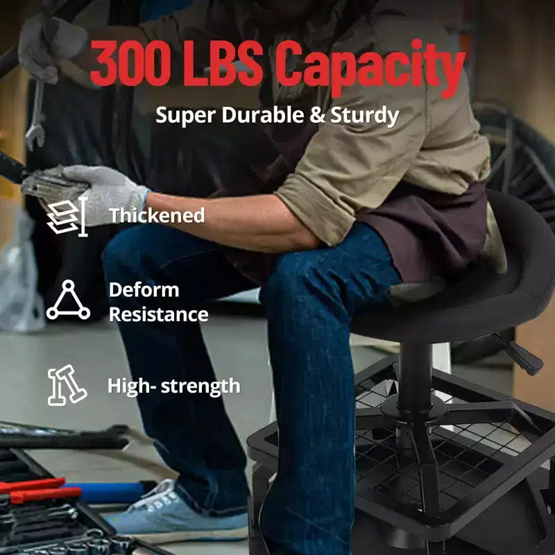 Rolling Shop Stool with Wheels, Double-Layer Mesh Frame Rolling Garage Stool, 330 lbs Weight Capacity