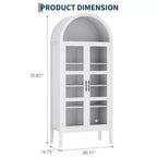 70IN Tall Arched Kitchen Pantry Cabinet with LED, Wood Arched Bookshelf with Glass Doors & Adjustable Shelves, Elegant White