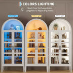 70IN Tall Arched Kitchen Pantry Cabinet with LED, Wood Arched Bookshelf with Glass Doors & Adjustable Shelves, Elegant White