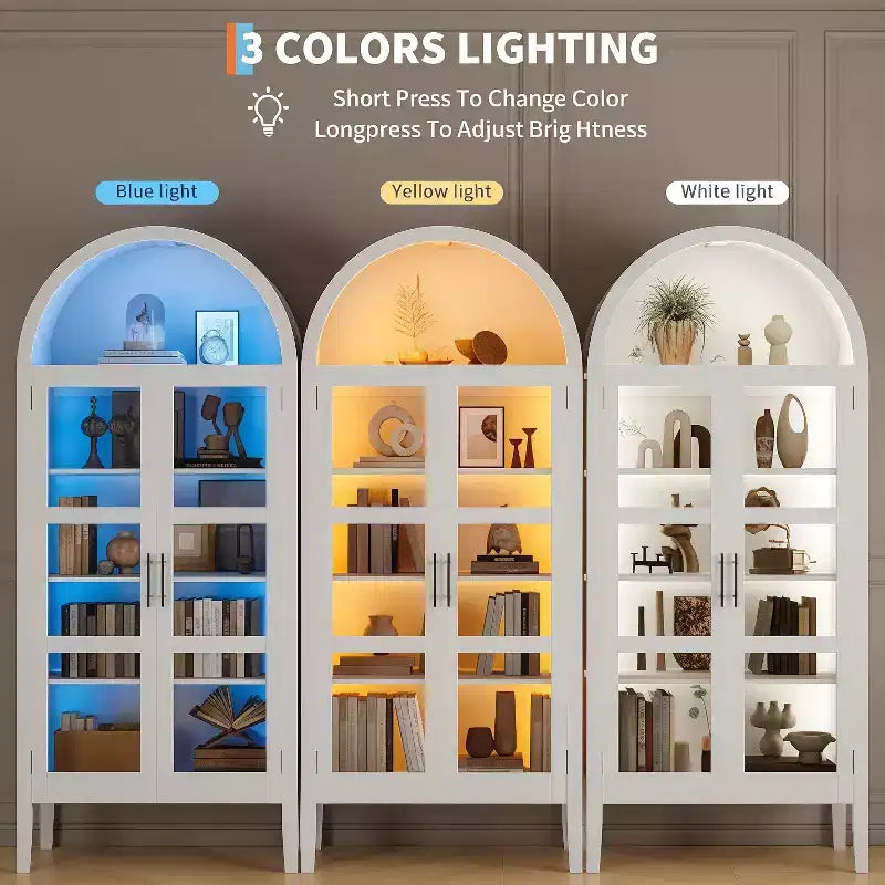 70IN Tall Arched Kitchen Pantry Cabinet with LED, Wood Arched Bookshelf with Glass Doors & Adjustable Shelves, Elegant White