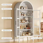 70IN Tall Arched Kitchen Pantry Cabinet with LED, Wood Arched Bookshelf with Glass Doors & Adjustable Shelves, Elegant White