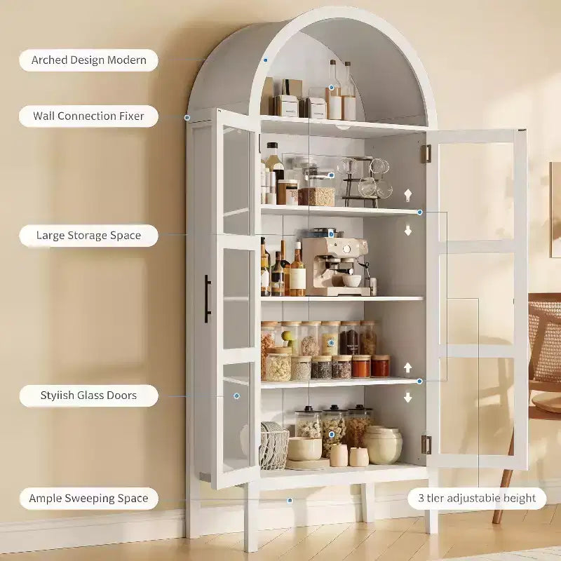 70IN Tall Arched Kitchen Pantry Cabinet with LED, Wood Arched Bookshelf with Glass Doors & Adjustable Shelves, Elegant White