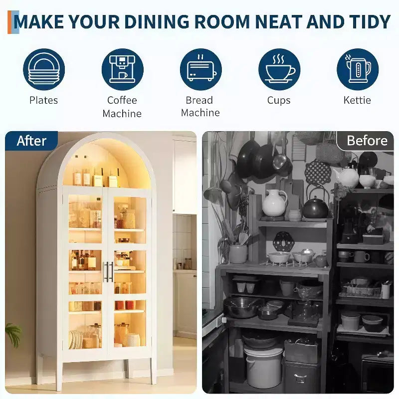 70IN Tall Arched Kitchen Pantry Cabinet with LED, Wood Arched Bookshelf with Glass Doors & Adjustable Shelves, Elegant White