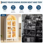 70IN Tall Arched Kitchen Pantry Cabinet with LED, Wood Arched Bookshelf with Glass Doors & Adjustable Shelves, Elegant White