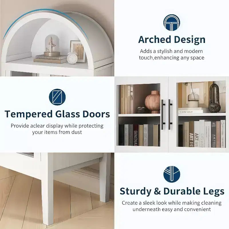 70IN Tall Arched Kitchen Pantry Cabinet with LED, Wood Arched Bookshelf with Glass Doors & Adjustable Shelves, Elegant White