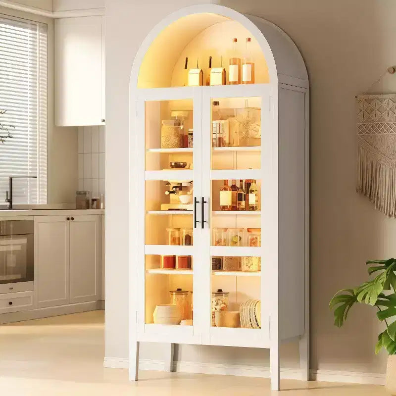 70IN Tall Arched Kitchen Pantry Cabinet with LED, Wood Arched Bookshelf with Glass Doors & Adjustable Shelves, Elegant White