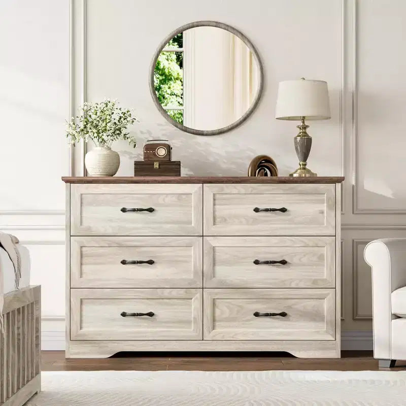 6 Drawers Dresser for Bedroom,Chest of Drawers with Wide Metal Handle,Farmhouse Modern Wooden Dresser,Natural Texture,Storage Organizer for Bedroom