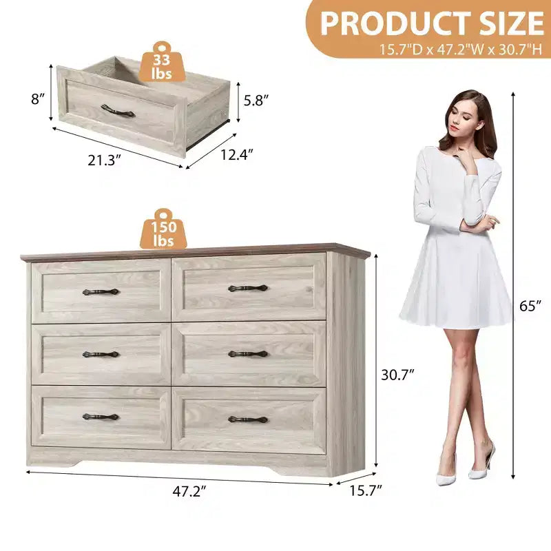 6 Drawers Dresser for Bedroom,Chest of Drawers with Wide Metal Handle,Farmhouse Modern Wooden Dresser,Natural Texture,Storage Organizer for Bedroom