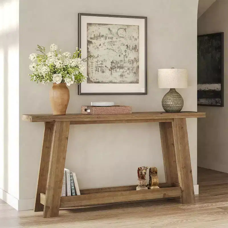 63IN Solid Wood Console Tables, 2-Tier Farmhouse Entryway Table, Narrow Sofa Table Behind Couch for Living Room, Hallway, Foyer