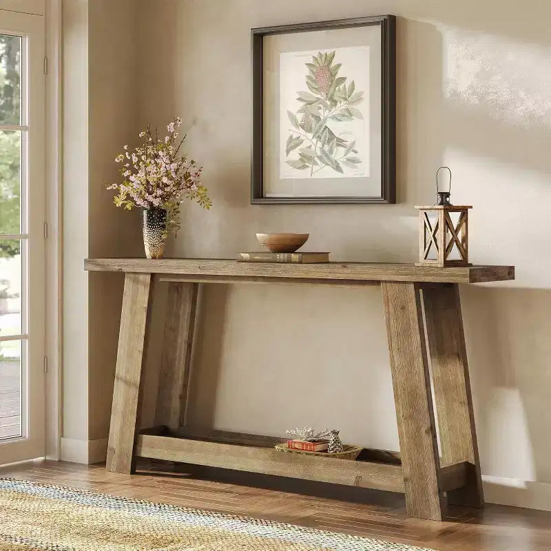 63IN Solid Wood Console Tables, 2-Tier Farmhouse Entryway Table, Narrow Sofa Table Behind Couch for Living Room, Hallway, Foyer