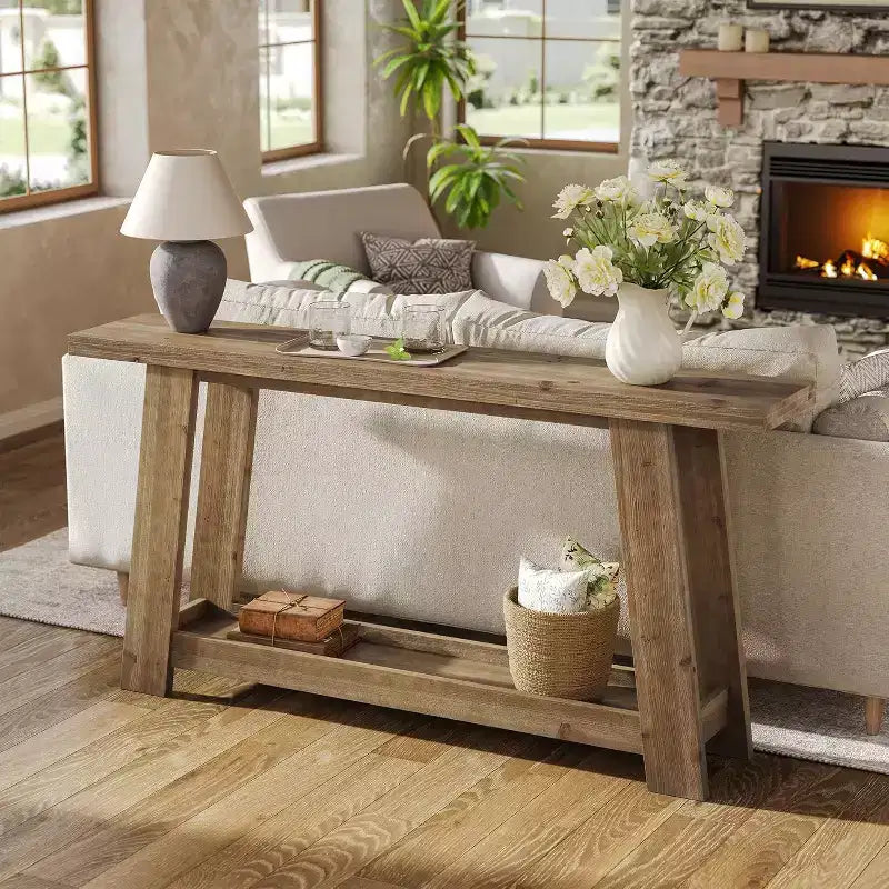 63IN Solid Wood Console Tables, 2-Tier Farmhouse Entryway Table, Narrow Sofa Table Behind Couch for Living Room, Hallway, Foyer