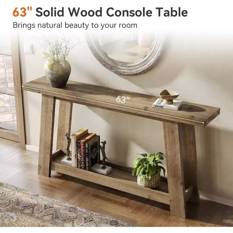 63IN Solid Wood Console Tables, 2-Tier Farmhouse Entryway Table, Narrow Sofa Table Behind Couch for Living Room, Hallway, Foyer