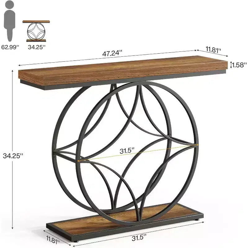 47IN Console Table, 2-Tier Sofa Table with Geometric Metal Frame, Narrow Entryway Tables with Storage Shelf for Living Room, Rustic Brown