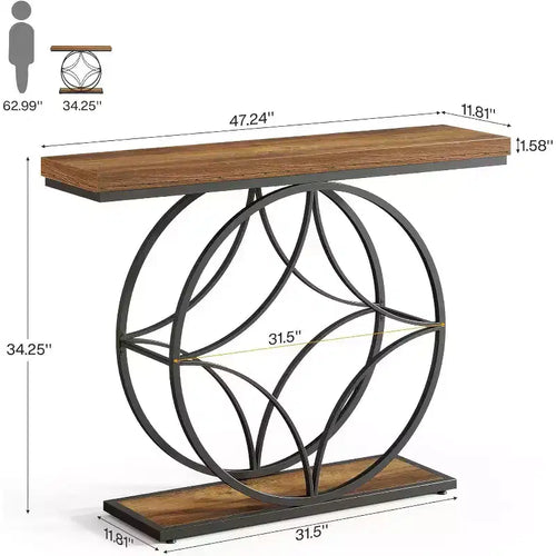 47IN Console Table, 2-Tier Sofa Table with Geometric Metal Frame, Narrow Entryway Tables with Storage Shelf for Living Room, Rustic Brown