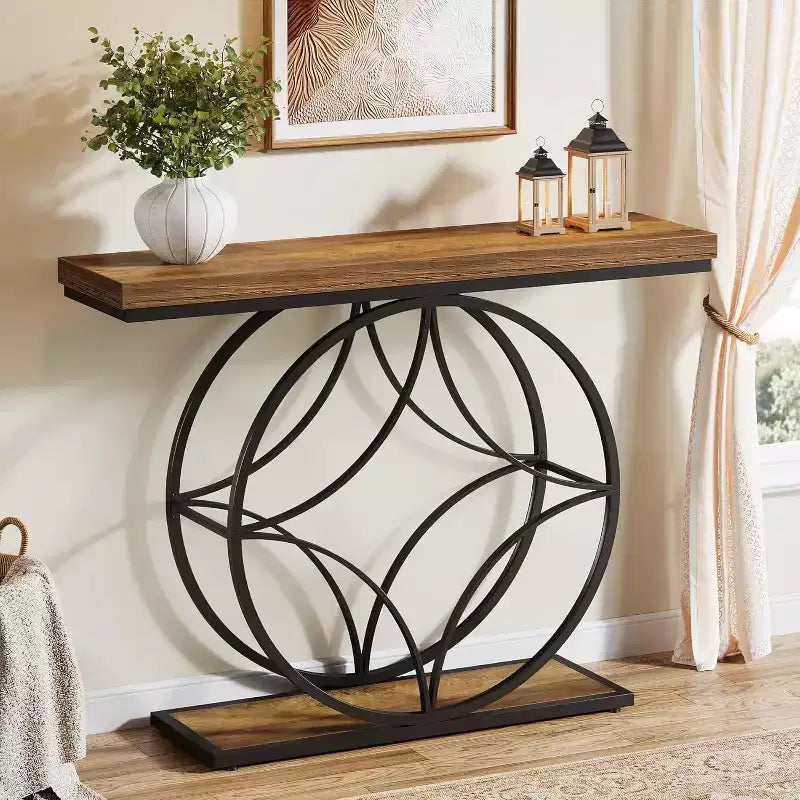 47IN Console Table, 2-Tier Sofa Table with Geometric Metal Frame, Narrow Entryway Tables with Storage Shelf for Living Room, Rustic Brown