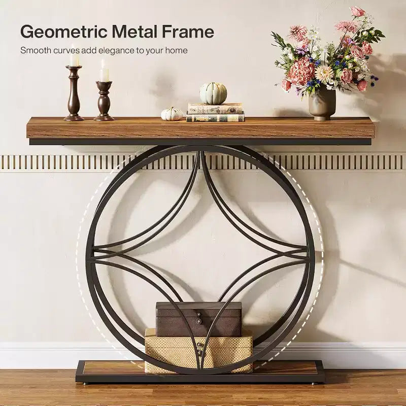 47IN Console Table, 2-Tier Sofa Table with Geometric Metal Frame, Narrow Entryway Tables with Storage Shelf for Living Room, Rustic Brown
