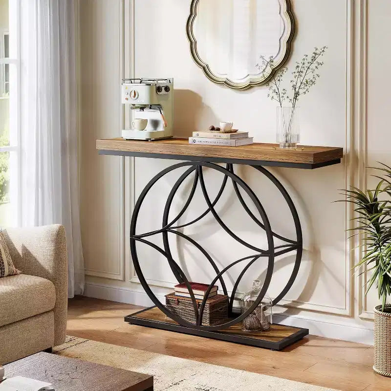 47IN Console Table, 2-Tier Sofa Table with Geometric Metal Frame, Narrow Entryway Tables with Storage Shelf for Living Room, Rustic Brown