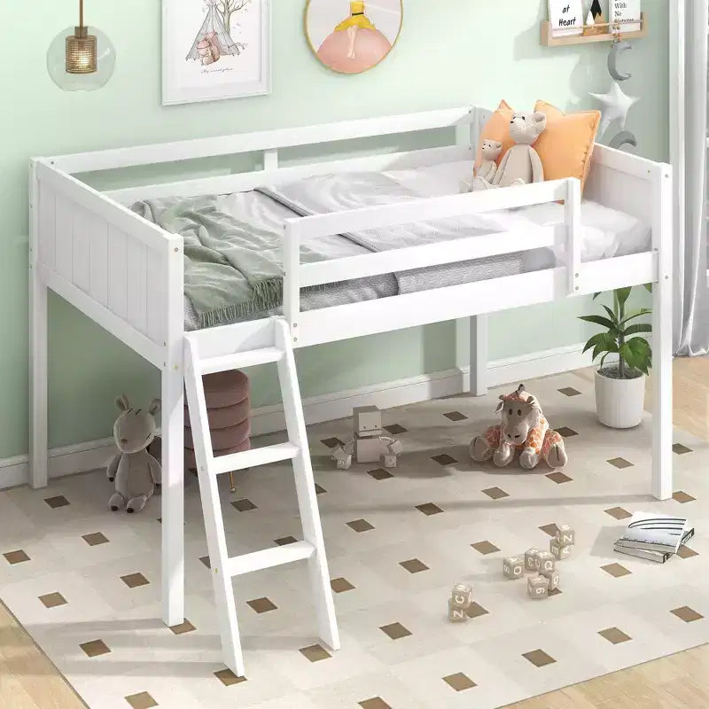 79.5IN Twin/Full Size Kids Loft Bed with Removeable Ladder, Bed Frames with Safety Guardrails, Loft Bed for Kids Room, Play Room