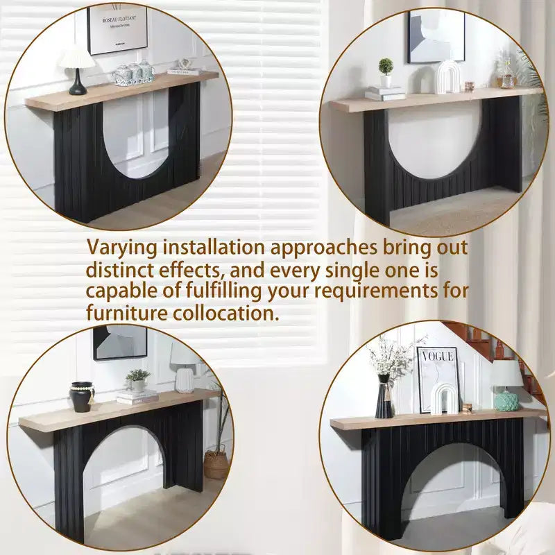 66IN Minimalist Console Table with Wooden Tabletop, Modern Entry Table with Arch Base, Accent Table for Entryway, Living Room, Black+Natural