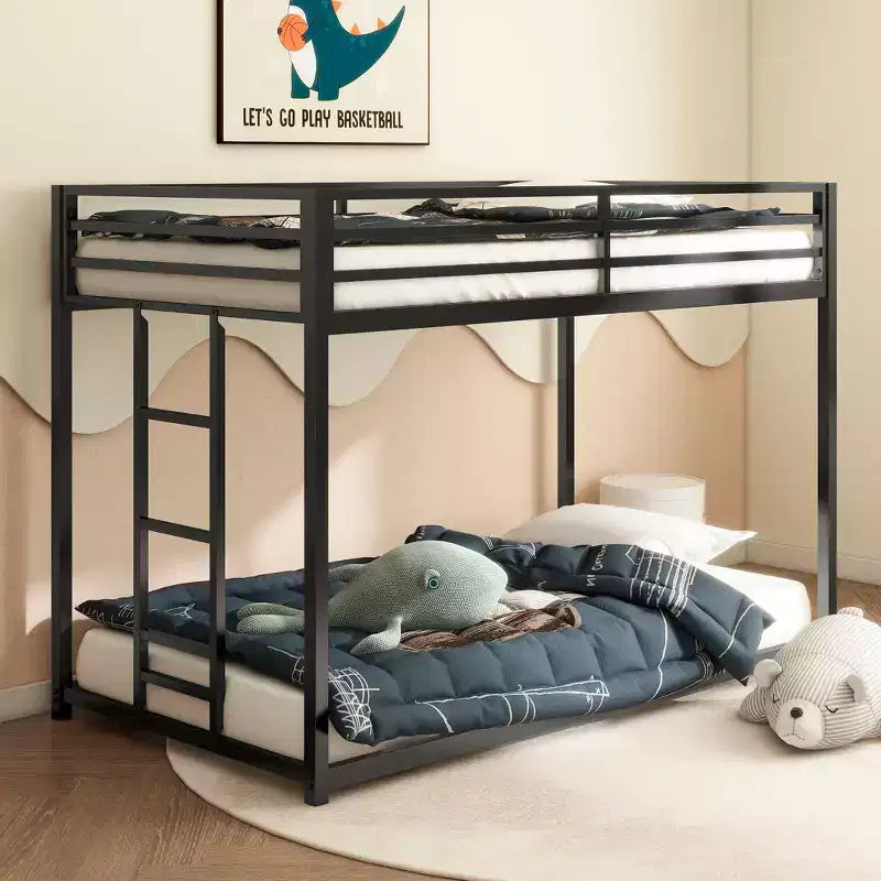 Okak 76.69IN Twin-Over-Twin Kids Bunk Beds with Metal Frame, Low Profile Bunk Bed with Ladder and Guardrails, Bed Frames for Bedroom, Black