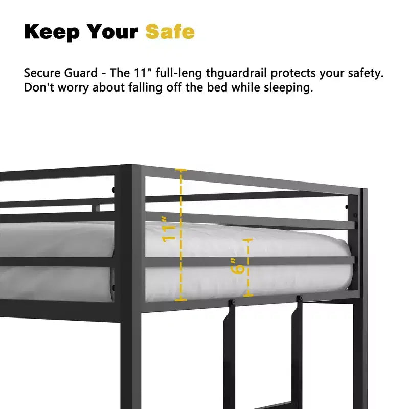 76.69IN Twin-Over-Twin Kids Bunk Beds with Metal Frame, Low Profile Bunk Bed with Ladder and Guardrails, Bed Frames for Bedroom, Black