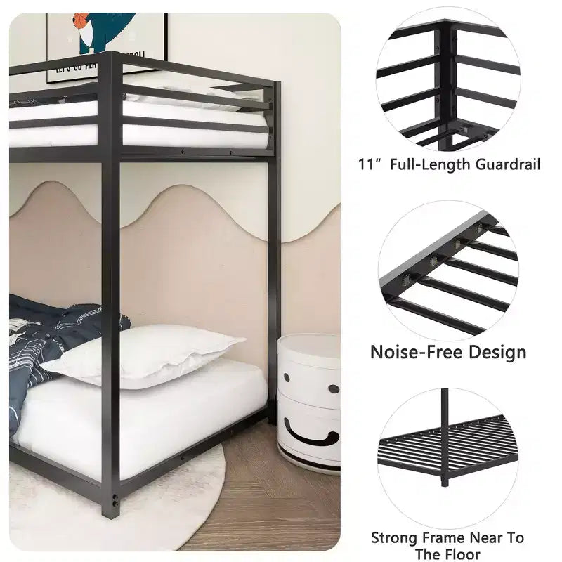 76.69IN Twin-Over-Twin Kids Bunk Beds with Metal Frame, Low Profile Bunk Bed with Ladder and Guardrails, Bed Frames for Bedroom, Black