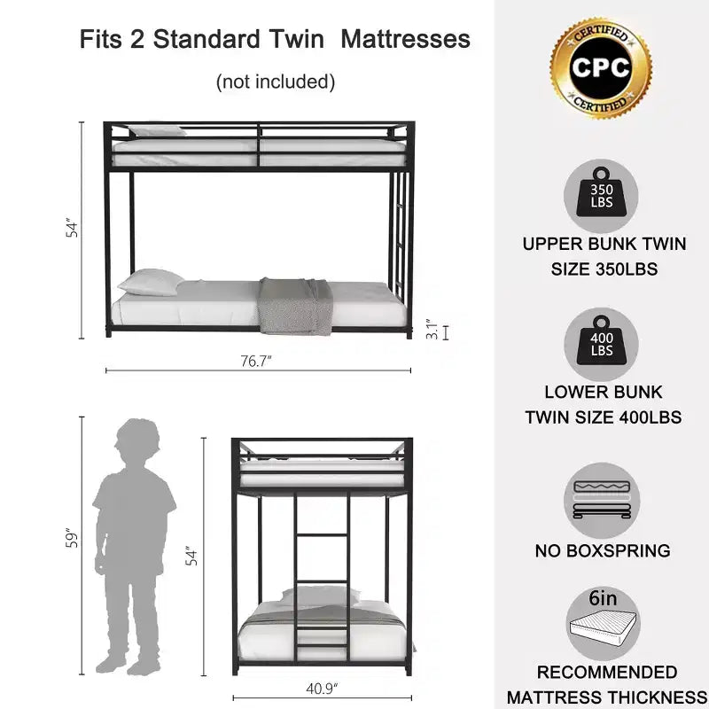 76.69IN Twin-Over-Twin Kids Bunk Beds with Metal Frame, Low Profile Bunk Bed with Ladder and Guardrails, Bed Frames for Bedroom, Black