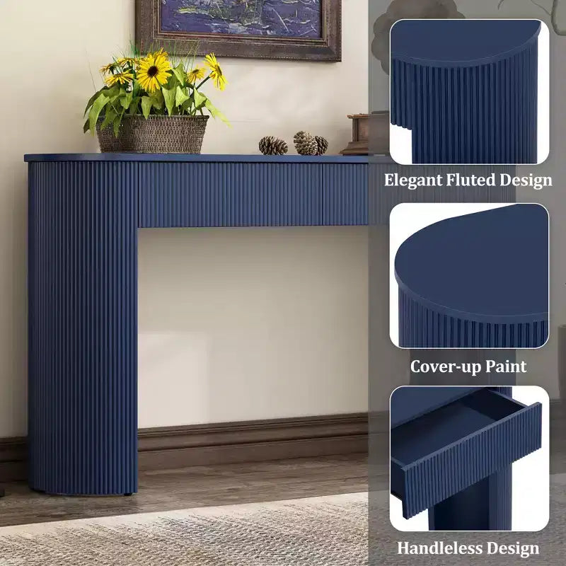 54IN Modern Console Table with Fluted Design, Entryway Table with 2 Storage Drawers and Oval Top, Accent Table for Hallway, Living Room, Navy