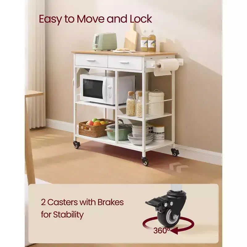 Mobile Kitchen Island Cart with 2 Drawers and Towel Rack, 38.8 Inch Rolling Storage Cart with Locking Wheels, Oak Beige and White