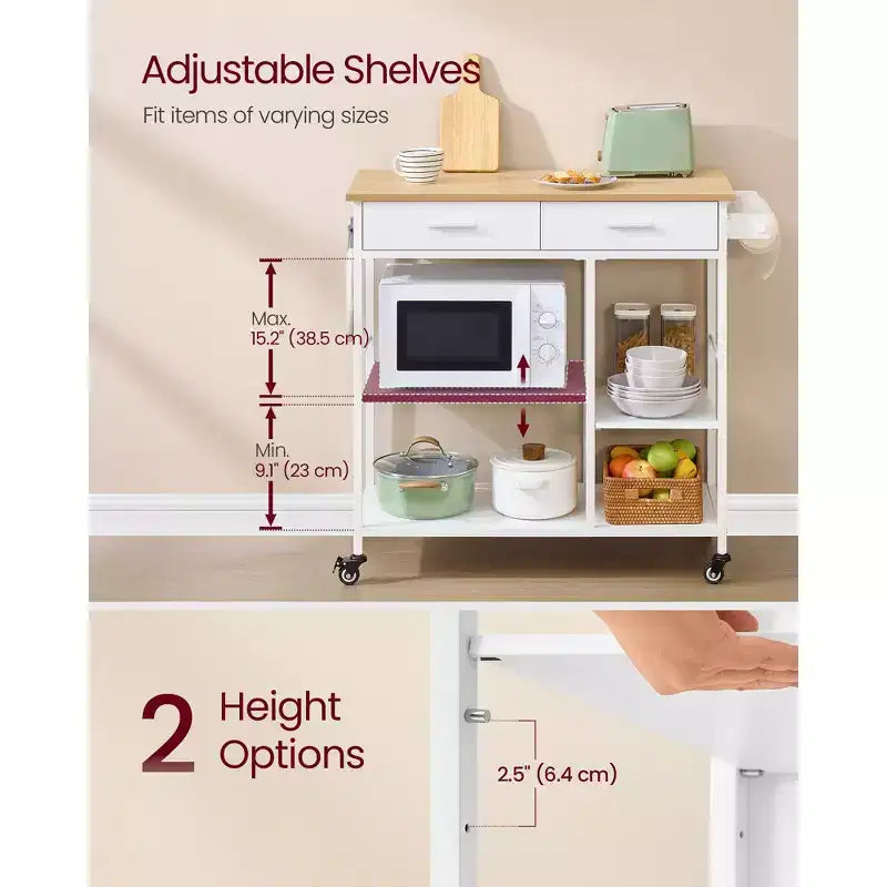 Mobile Kitchen Island Cart with 2 Drawers and Towel Rack, 38.8 Inch Rolling Storage Cart with Locking Wheels, Oak Beige and White