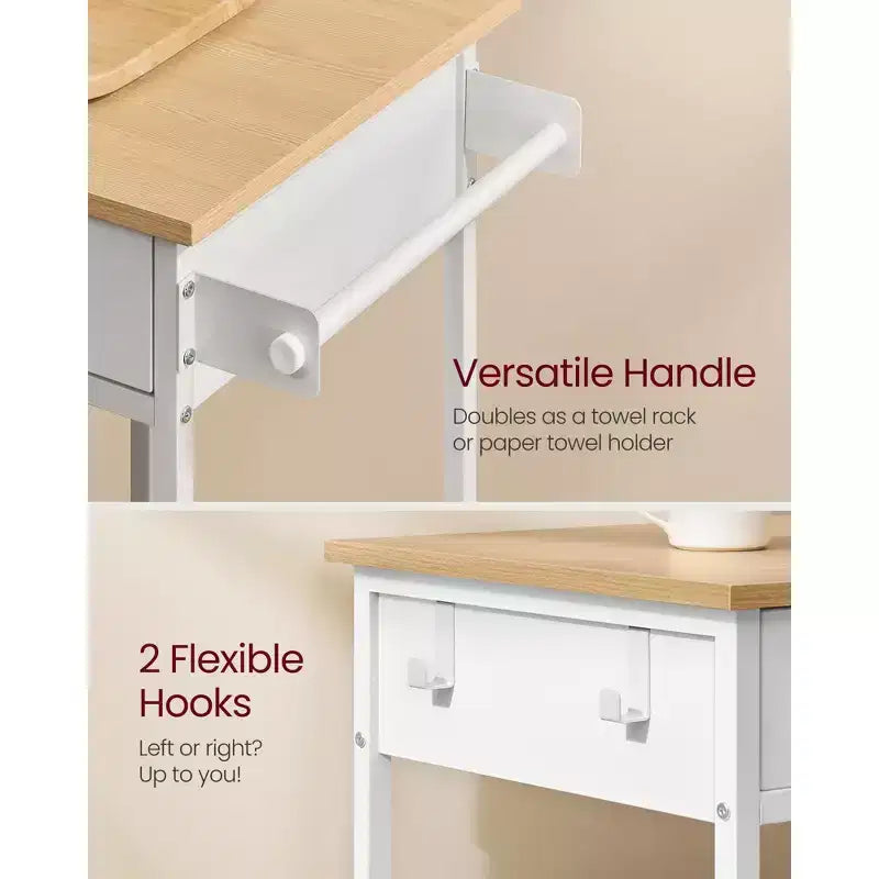 Mobile Kitchen Island Cart with 2 Drawers and Towel Rack, 38.8 Inch Rolling Storage Cart with Locking Wheels, Oak Beige and White