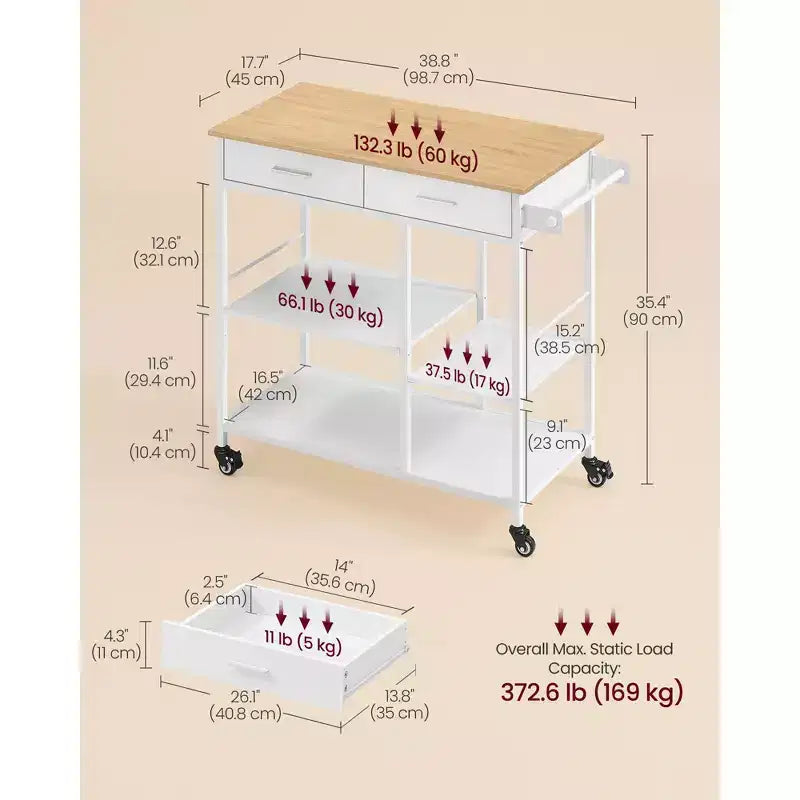 Mobile Kitchen Island Cart with 2 Drawers and Towel Rack, 38.8 Inch Rolling Storage Cart with Locking Wheels, Oak Beige and White
